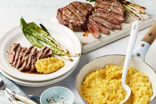 Steak With Creamed Corn And Spring Onions