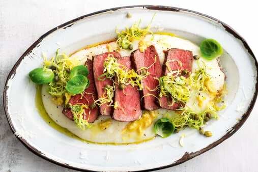 Steak With Creamed Semolina And Sprout Gremolata