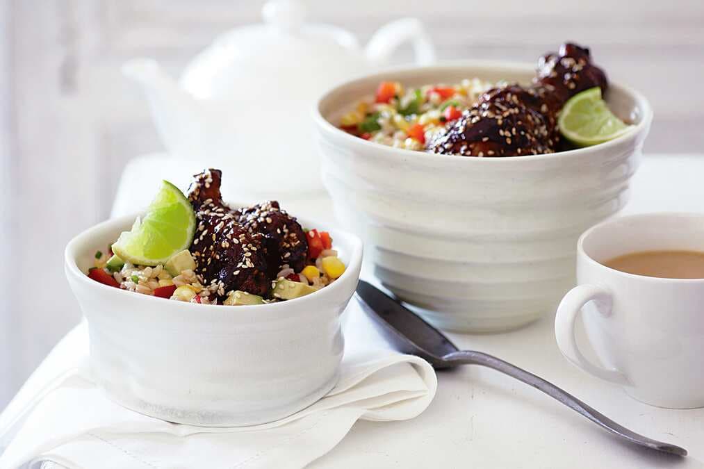 Sticky Honey Soy Chicken Drumsticks With Rice Salad