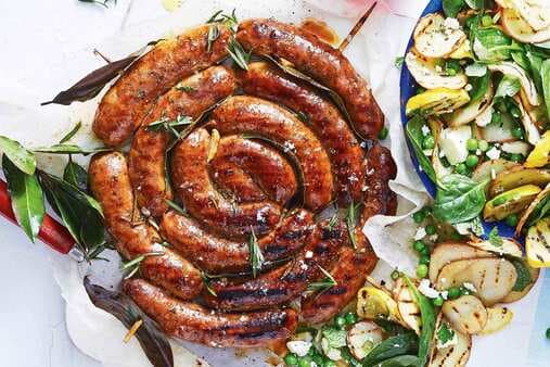 Sticky Maple Lamb Sausages With Potato And Minted Pea Salad