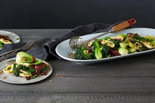 Stir-Fried Asian Greens With Chinese Sausage Tamari And Fried Shallots