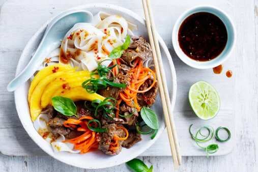 Stir-Fried Rice Noodles And Beef With Nuoc Cham Marinated Mango