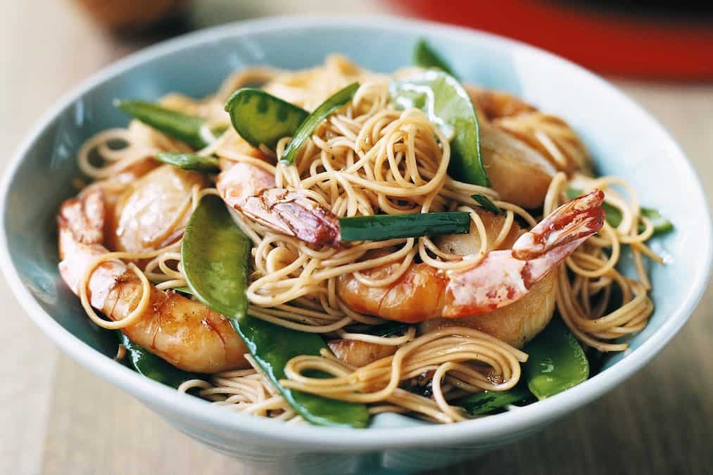 Stir-Fried Scallops Prawns And Snowpeas With Longevity Noodles