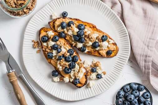 Sweet Potato Toast With Peanut Butter Ricotta And Blueberries