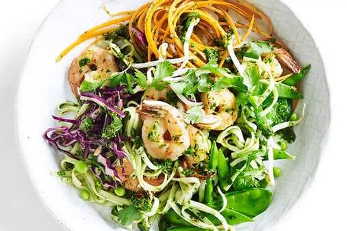 Warm Noodle Salad With Coriander Pesto And Prawns