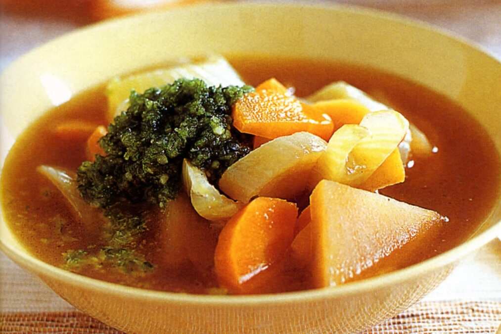 Winter Vegetable Soup With Chive Pesto