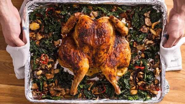 Sheet Pan Spatchcocked Chicken Mushrooms And Kale