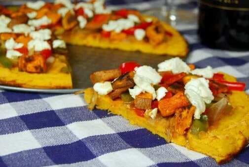 Caramelized Onion & Goat Cheese Pizza with Sweet Potato Socca Crust
