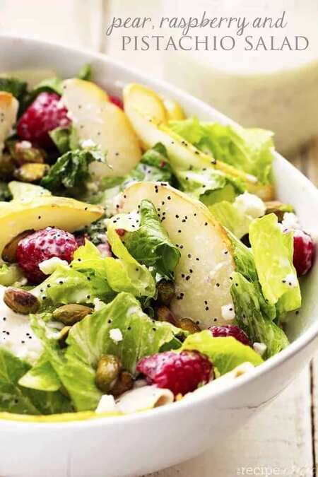 Pear, Raspberry And Pistachio Salad With A Creamy Poppyseed Dressing