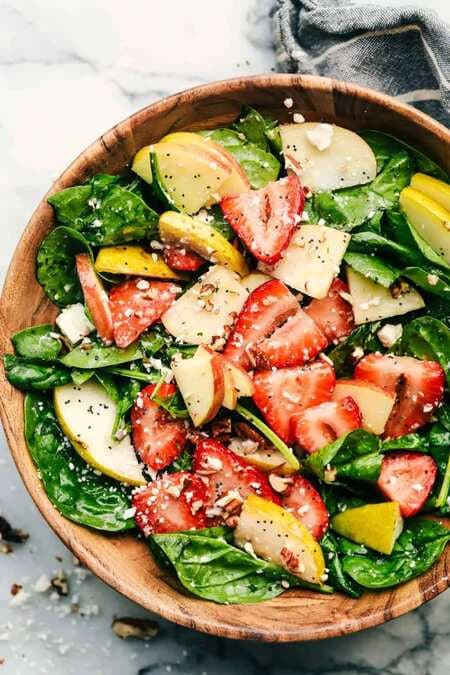 Strawberry, Apple, And Pear Spinach Salad With An Apple Cider Poppyseed Dressing
