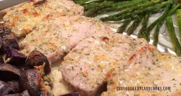 Cheesy Ranch Pork Chops And Potatoes With Garlic Asparagus