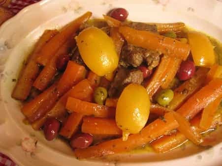 Moroccan Lamb Or Beef Tagine With Carrots Olives And Preserved Lemon