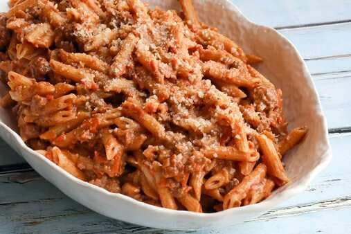 Penne Pasta With Creamy Tomato And Meat Sauce
