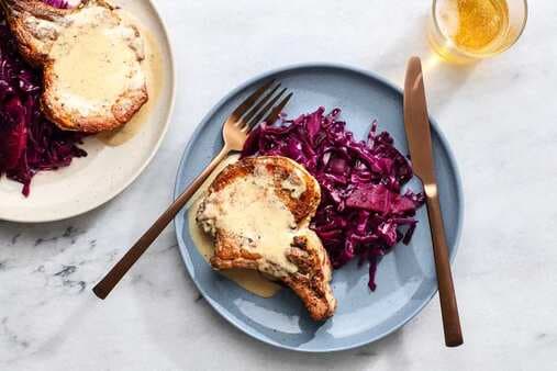 Pork Chops With Cream Sauce And Braised Red Cabbage