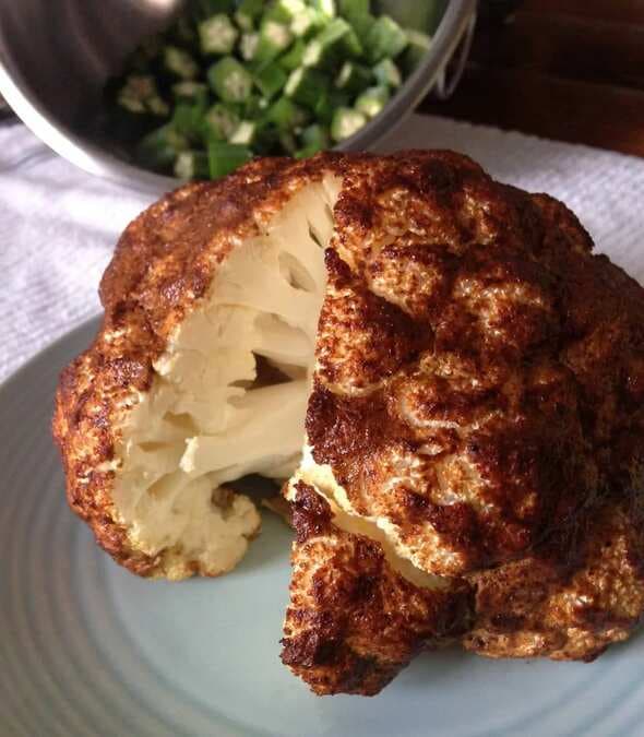 Spicy Whole Roasted Cauliflower With Parmesan
