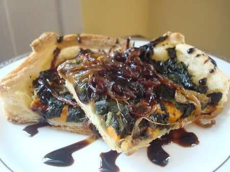 Sweet Potato Spinach & Caramelized Onion Tart With Balsamic Reduction