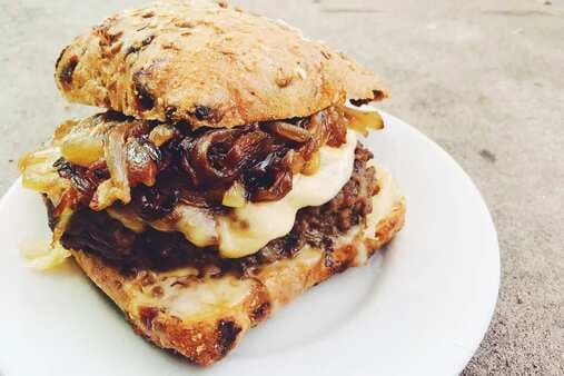 French Onion Soup Burger With Caramelized Onions Gruyere And Comte