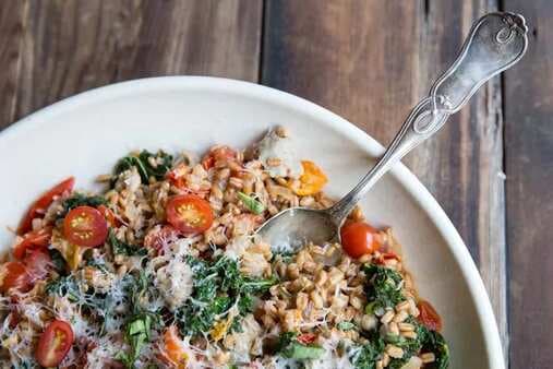 One Pan Farro with Tomatoes Sausage and Kale
