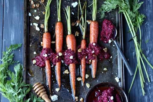 Whole Baked Carrots, Roasted Beet Pesto With Walnuts And Goat Cheese