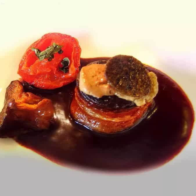 Tomatoes Stuffed With Foie Gras,  Duck Confit,  And Chanterelles