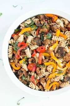 Pasta Salad With Grilled Italian Sausage, Peppers, Mushrooms, & Cherry Tomatoes