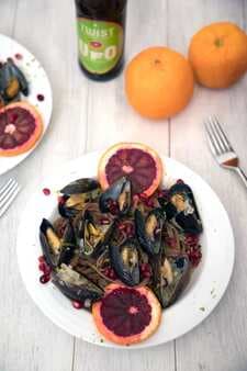 Blood Orange Mussels with Pomegranate Lime Linguine