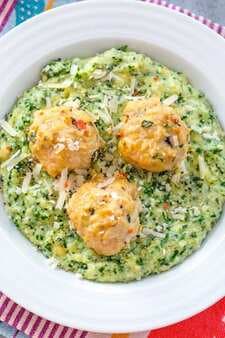 Garlic Habanero Chicken Meatballs with Kale Polenta