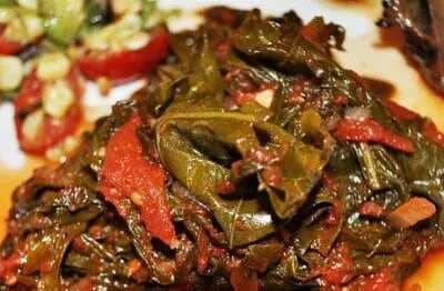 Braised Red Russian Kale With Tomatoes And Onions