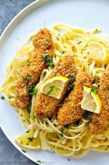 Lemon Parmesan Baked Chicken Strips with Herb Buttered Noodles