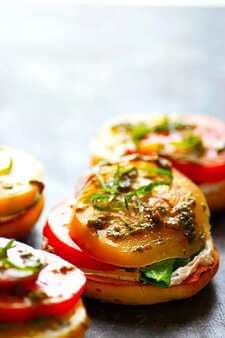 Open Faced Heirloom Tomato Goat Cheese Bagel Sandwiches