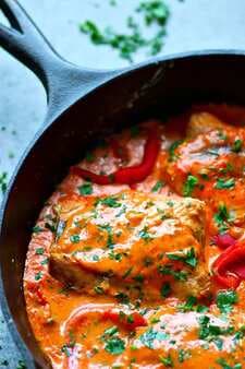Pan Seared Salmon with Roasted Red Pepper Alfredo Sauce