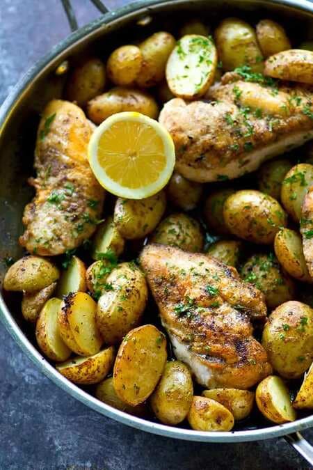 Skillet Roasted Chicken & Fingerling Potatoes with Lemon Herb Sauce