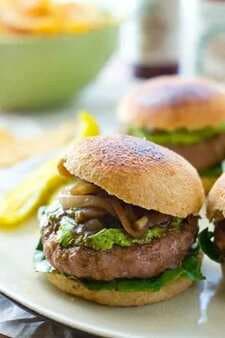 Turkey Burgers with Whipped Spinach Feta & Balsamic Caramelized Onions