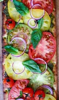 Vegan Pizza Wtih Pesto And Heirloom Tomatoes
